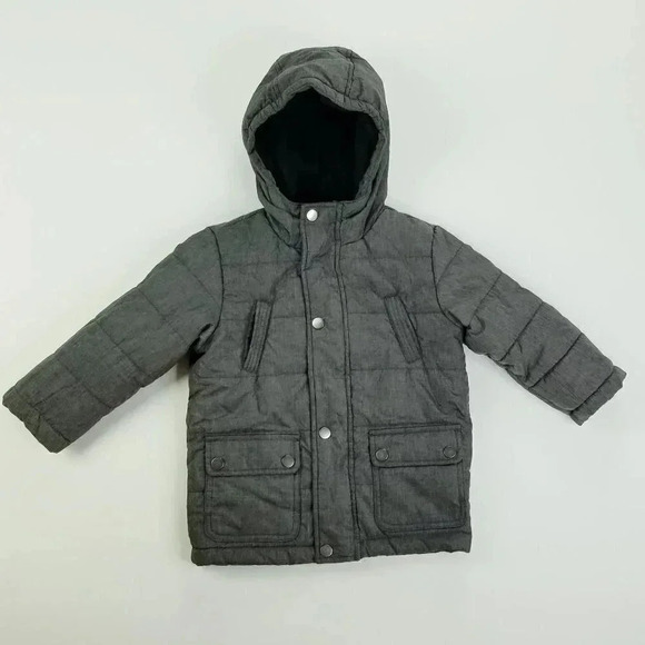 Rothschild 24M Boys Charcoal Gray Long Sleeve Puffy Zip And Snap Hooded Jacket - Picture 1 of 7